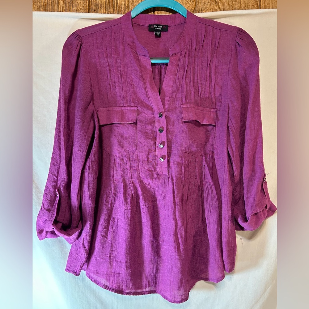 Cocoma Petite women’s purple V-neck two pocket tie back sleeves blouse PM